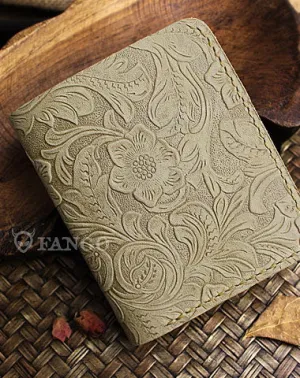 Handmade mens small leather wallet flowral leather billfold wallets for men women