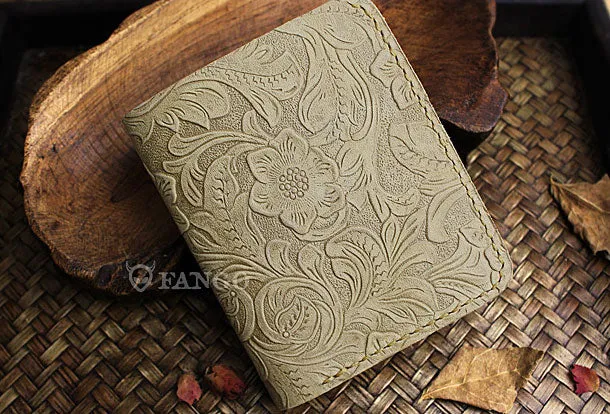 Handmade mens small leather wallet flowral leather billfold wallets for men women