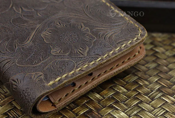 Handmade mens small leather wallet flowral leather billfold wallets for men women