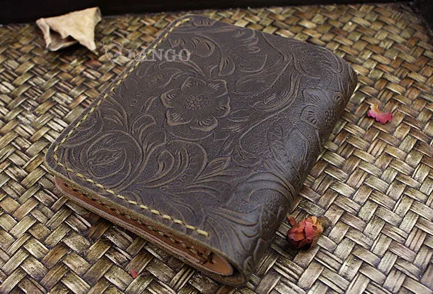 Handmade mens small leather wallet flowral leather billfold wallets for men women