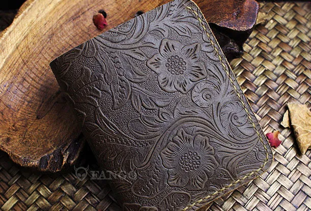 Handmade mens small leather wallet flowral leather billfold wallets for men women