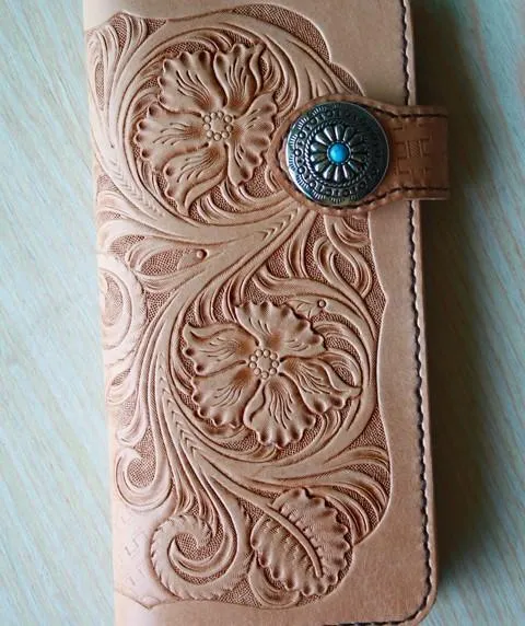 Handmade Mens Tooled Floral Beige Leather Long Biker Wallet Cool Long Chain Wallet for Men