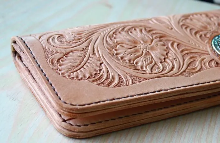 Handmade Mens Tooled Floral Beige Leather Long Biker Wallet Cool Long Chain Wallet for Men