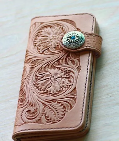 Handmade Mens Tooled Floral Beige Leather Long Biker Wallet Cool Long Chain Wallet for Men