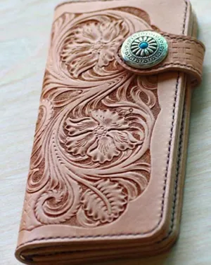 Handmade Mens Tooled Floral Beige Leather Long Biker Wallet Cool Long Chain Wallet for Men