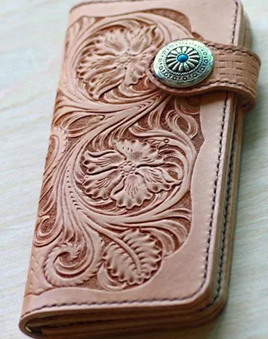 Handmade Mens Tooled Floral Beige Leather Long Biker Wallet Cool Long Chain Wallet for Men