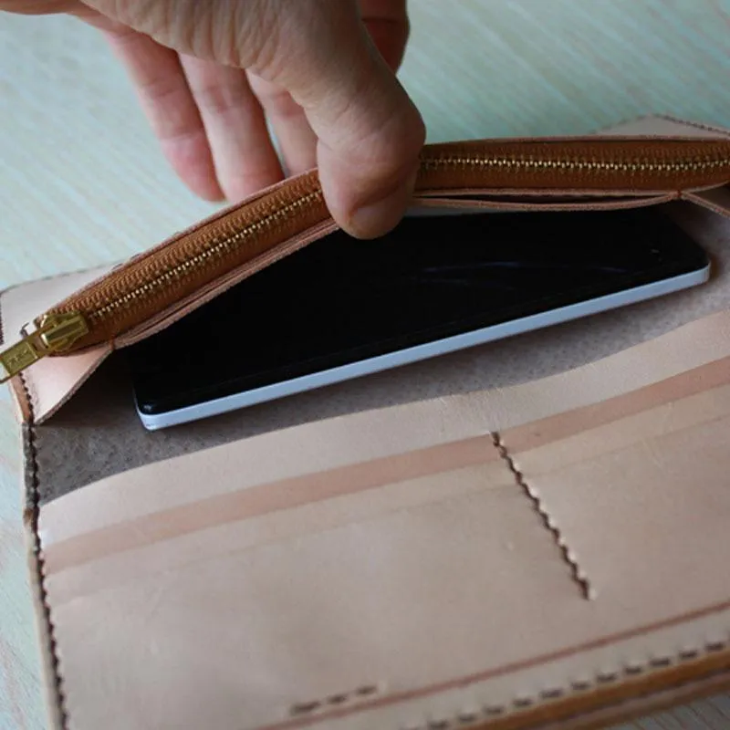 Handmade Mens Tooled Floral Beige Leather Long Biker Wallet Cool Long Chain Wallet for Men