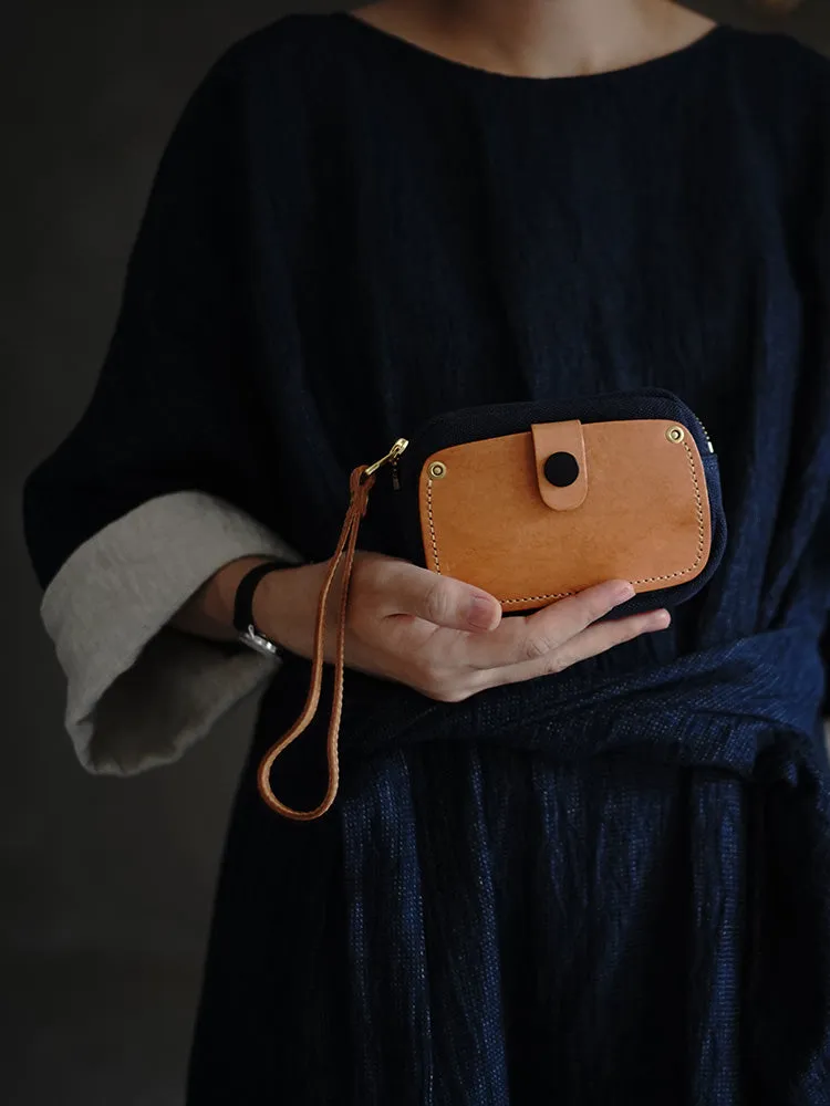 Handmade Navy Canvas Leather Wristlet Wallet Zip Clutch Wallet Womens Green Ladies Zip Around Wallets for Women