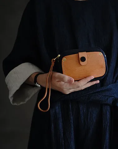 Handmade Navy Canvas Leather Wristlet Wallet Zip Clutch Wallet Womens Green Ladies Zip Around Wallets for Women