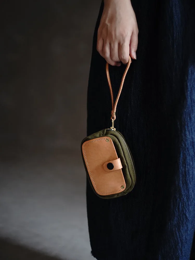 Handmade Navy Canvas Leather Wristlet Wallet Zip Clutch Wallet Womens Green Ladies Zip Around Wallets for Women