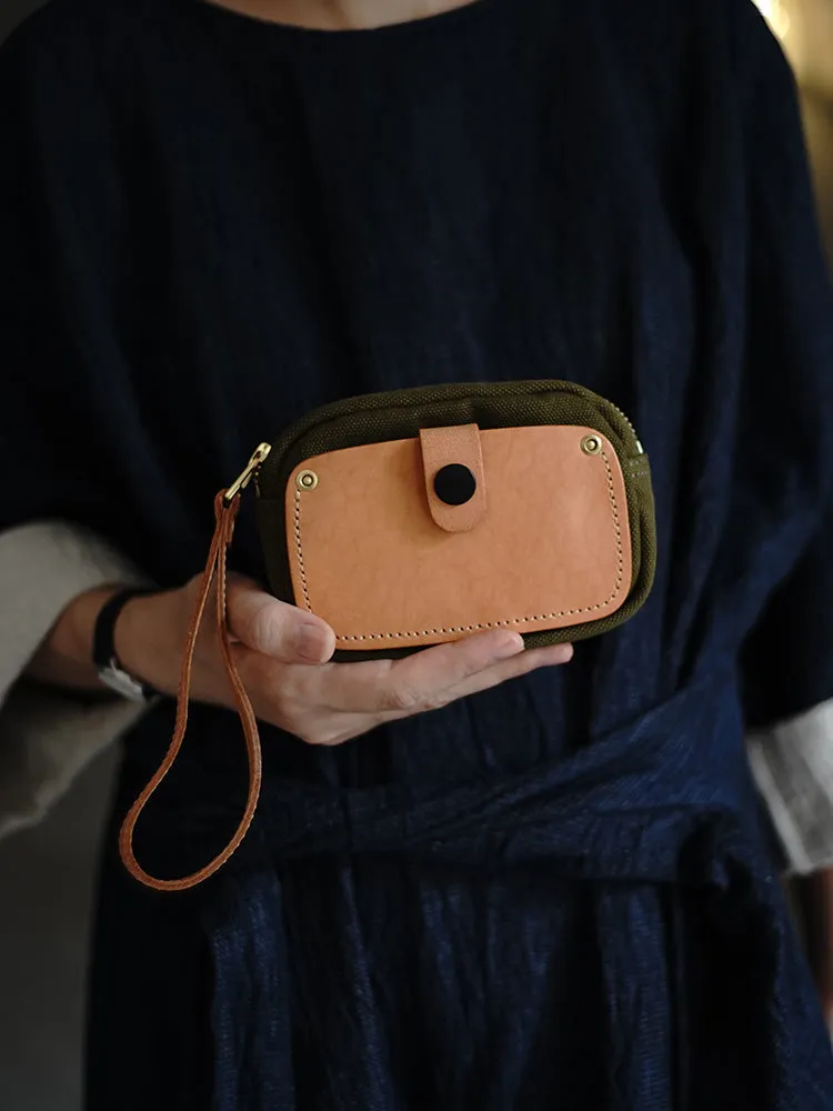 Handmade Navy Canvas Leather Wristlet Wallet Zip Clutch Wallet Womens Green Ladies Zip Around Wallets for Women