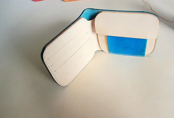 Handmade pretty blue cute leather billfold ID card holder bifold wallet for women/lady girl