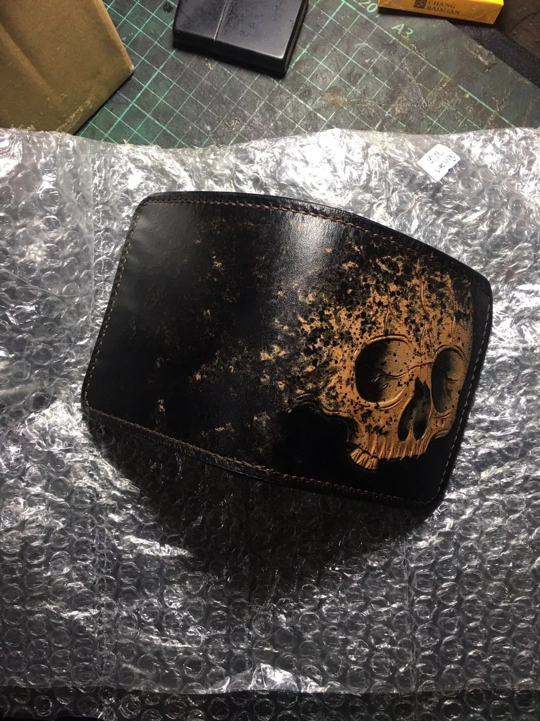 Handmade skull small leather wallet men tooled cool billfold wallet for him