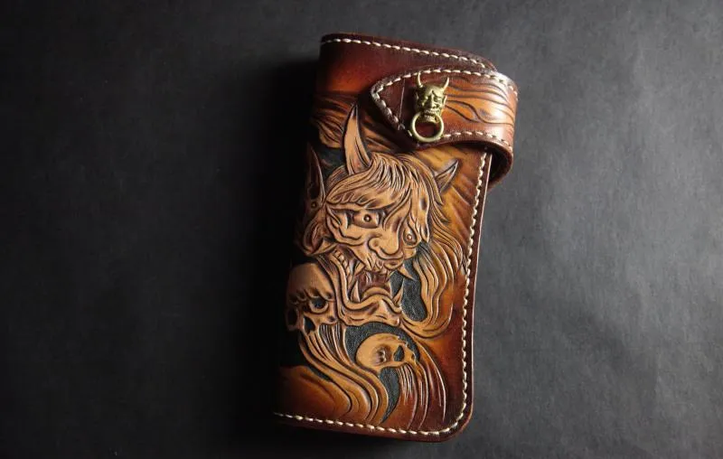 Handmade Skull Tooled Black Leather Mens Long Biker Wallet Biker Chain Wallet For Men
