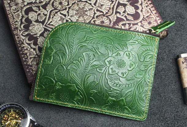 Handmade small leather change coin wallet flowral Zipper leather billfold wallet for men women