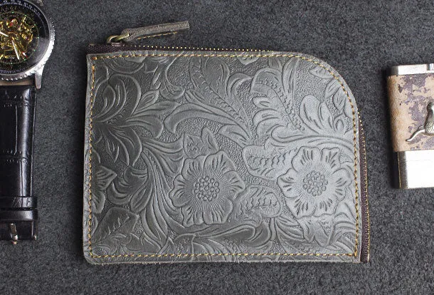 Handmade small leather change coin wallet flowral Zipper leather billfold wallet for men women