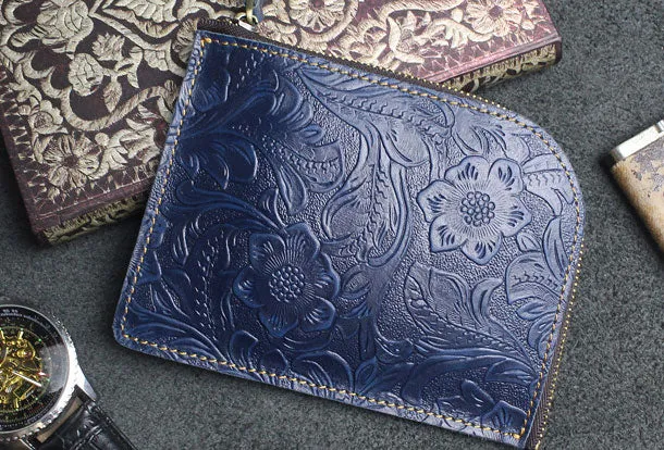 Handmade small leather change coin wallet flowral Zipper leather billfold wallet for men women
