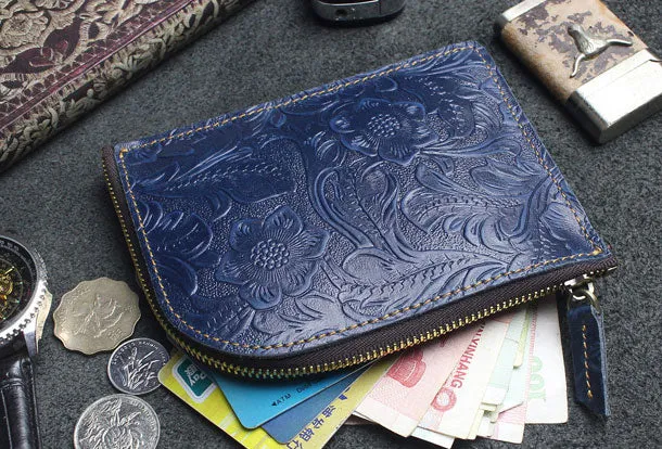 Handmade small leather change coin wallet flowral Zipper leather billfold wallet for men women