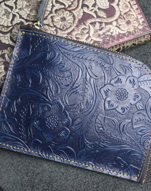 Handmade small leather change coin wallet flowral Zipper leather billfold wallet for men women