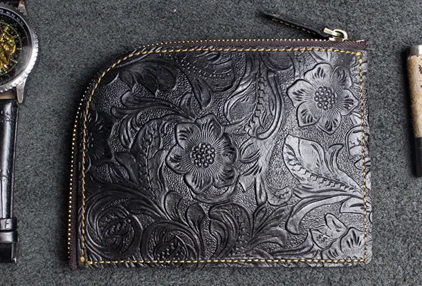 Handmade small leather change coin wallet flowral Zipper leather billfold wallet for men women