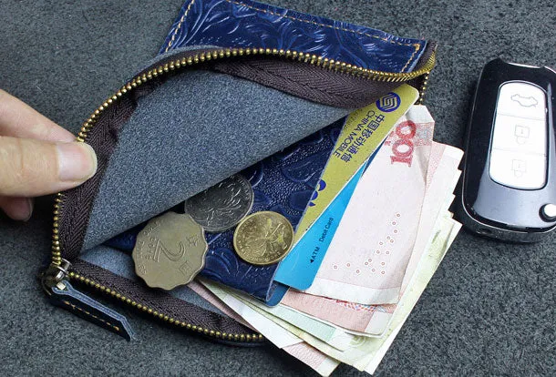 Handmade small leather change coin wallet flowral Zipper leather billfold wallet for men women