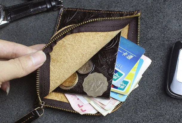 Handmade small leather change coin wallet flowral Zipper leather billfold wallet for men women