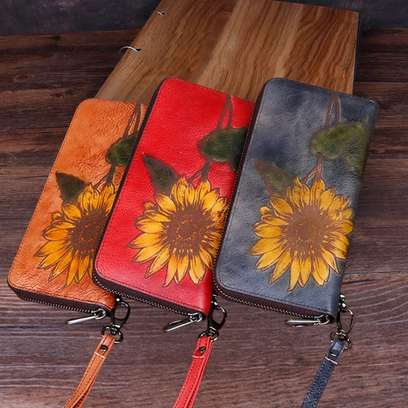 Handmade Sunflower Gray Leather Wristlet Wallet Womens Zip Around Wallets Sunflower Ladies Zipper Clutch Wallet for Women