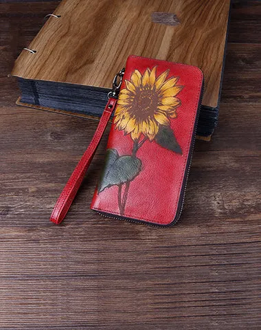 Handmade Sunflower Gray Leather Wristlet Wallet Womens Zip Around Wallets Sunflower Ladies Zipper Clutch Wallet for Women