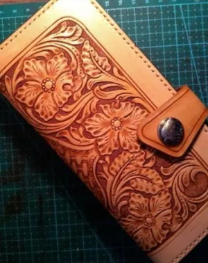 Handmade Tooled Floral Mens Leather Long Wallet Cool Long Wallet for Men