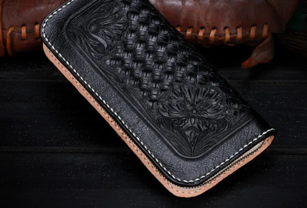 Handmade Tooled Long leather Black floral wallet leather men clutch Tooled wallet