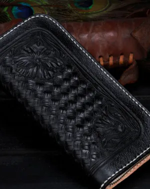 Handmade Tooled Long leather Black floral wallet leather men clutch Tooled wallet