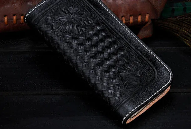 Handmade Tooled Long leather Black floral wallet leather men clutch Tooled wallet