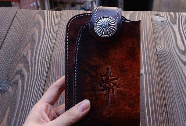 Handmade vintage dark brown leather biker wallet bifold long wallet purse clutch for men
