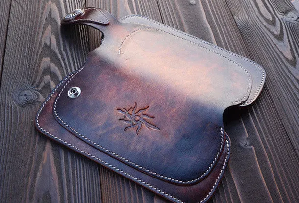 Handmade vintage dark brown leather biker wallet bifold long wallet purse clutch for men