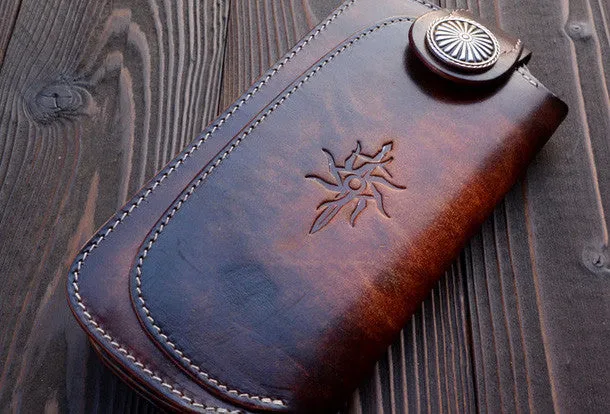 Handmade vintage dark brown leather biker wallet bifold long wallet purse clutch for men