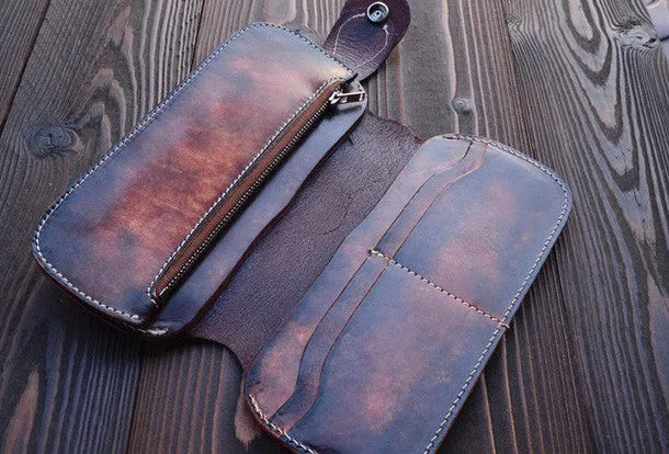 Handmade vintage dark brown leather biker wallet bifold long wallet purse clutch for men