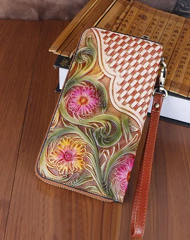 Handmade Vintage Flowers Floral Gray Leather Wristlet Wallet Womens Zip Around Wallets Flowers Ladies Zipper Clutch Wallet for Women
