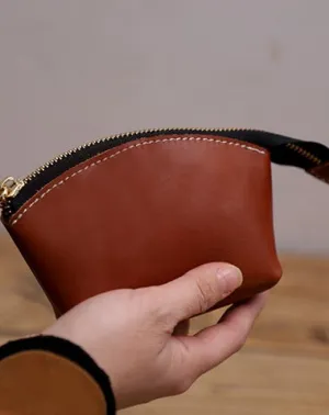 Handmade Women Leather Coin Wallet Brown Minimalist Change Pouch Coin Zip Wallet For Women