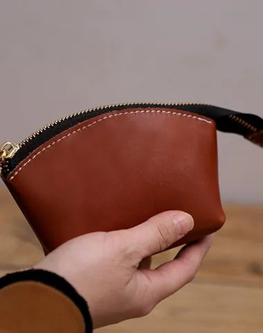 Handmade Women Leather Coin Wallet Brown Minimalist Change Pouch Coin Zip Wallet For Women