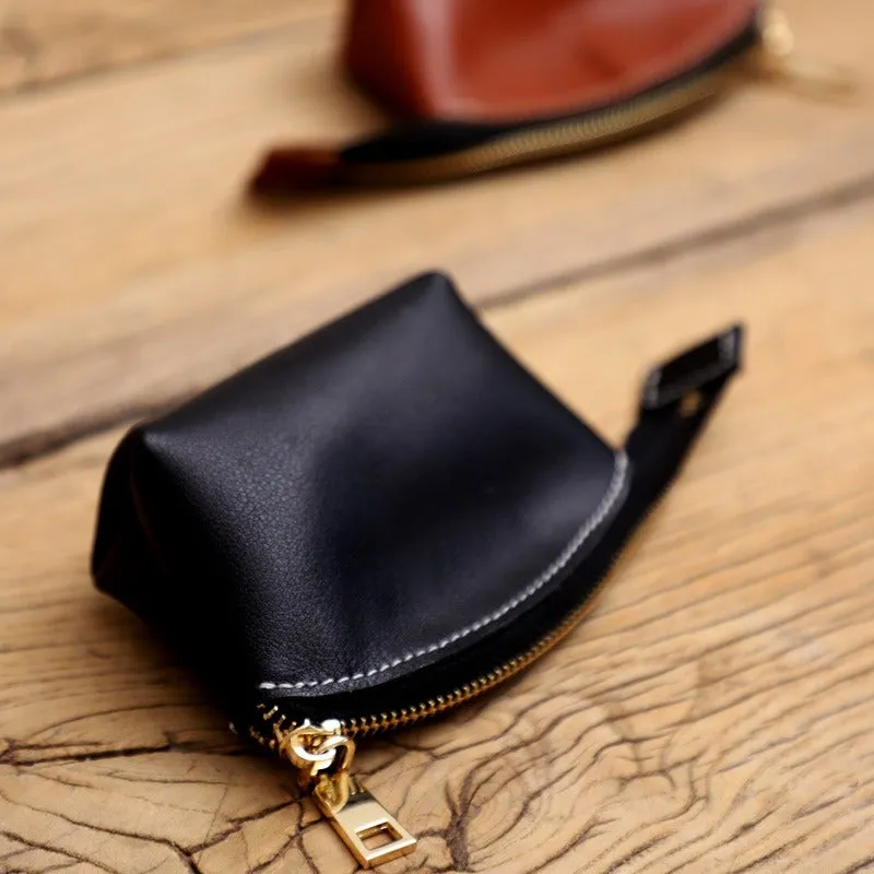 Handmade Women Leather Coin Wallet Brown Minimalist Change Pouch Coin Zip Wallet For Women