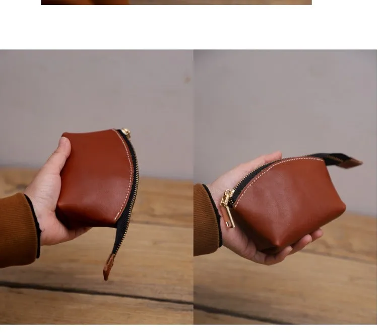 Handmade Women Leather Coin Wallet Brown Minimalist Change Pouch Coin Zip Wallet For Women