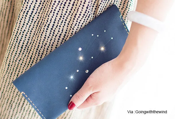 Handmade Women Leather Long Wallet Purse Clutch Wallet Constellation