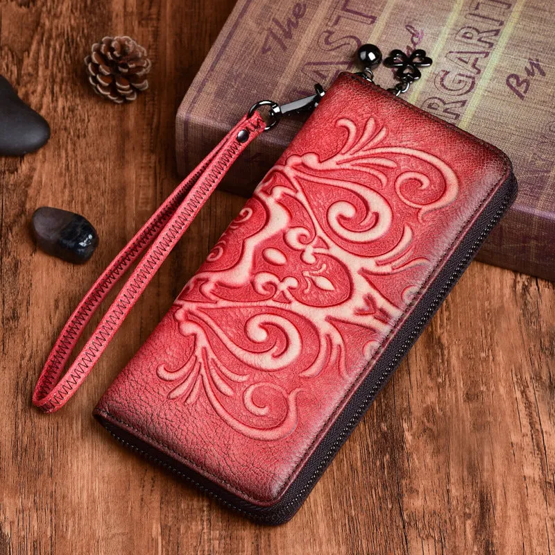 Handmade Womens Floral Brown Leather Zip Around Wallet Wristlet Wallet Floral Ladies Zipper Clutch Wallet for Women