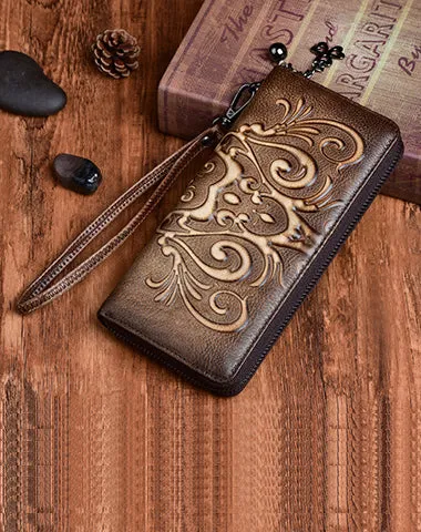 Handmade Womens Floral Brown Leather Zip Around Wallet Wristlet Wallet Floral Ladies Zipper Clutch Wallet for Women