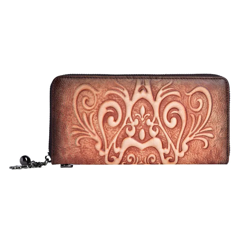 Handmade Womens Floral Brown Leather Zip Around Wallet Wristlet Wallet Floral Ladies Zipper Clutch Wallet for Women