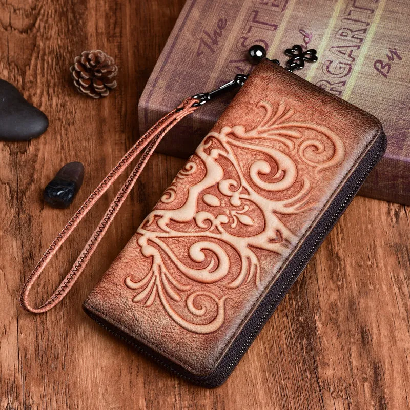 Handmade Womens Floral Brown Leather Zip Around Wallet Wristlet Wallet Floral Ladies Zipper Clutch Wallet for Women