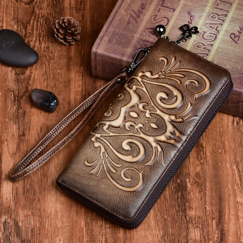 Handmade Womens Floral Brown Leather Zip Around Wallet Wristlet Wallet Floral Ladies Zipper Clutch Wallet for Women
