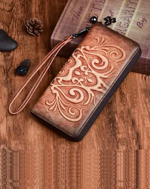 Handmade Womens Floral Brown Leather Zip Around Wallet Wristlet Wallet Floral Ladies Zipper Clutch Wallet for Women