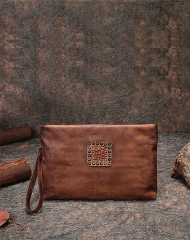 Handmade Womens Gray Leather Large Wristlet Wallets Zip Clutch Purse Ladies Zipper Clutch Wallets for Women