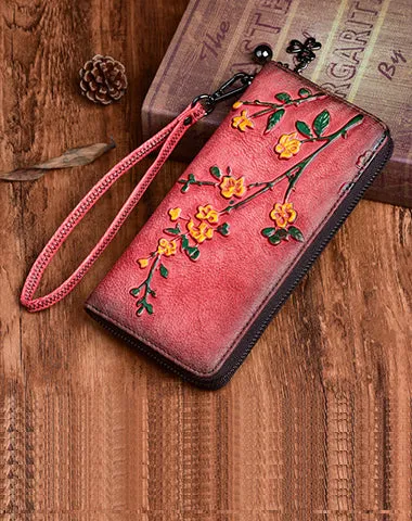 Handmade Womens Leather Plum Blossom Flowers Wristlet Wallet Zip Around Wallet Ladies Zipper Clutch Wallet for Women